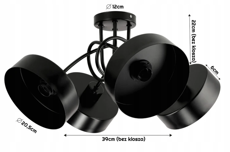 Lampa Sufitowa Żyrandol LED 4xE27 LOFT Zwijana Czarna Kubek Średni