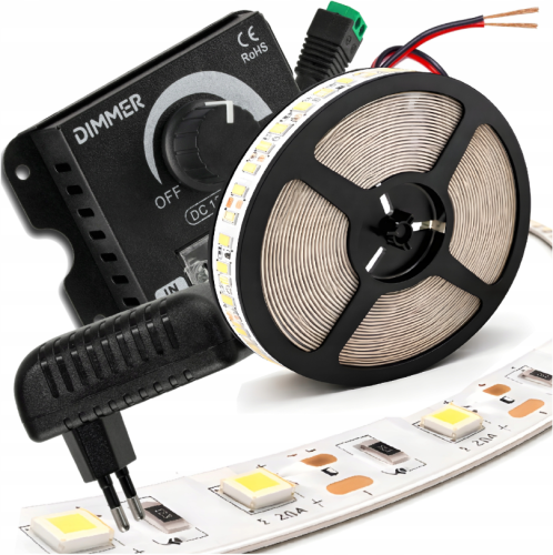 Taśma LED Zestaw 12V 5m 24W ŚWIATŁO DZIENNE ZASILACZ STEROWNIK DIMMER LED