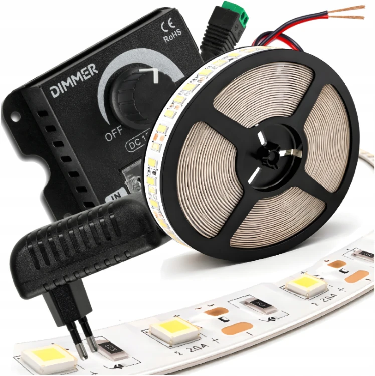 Taśma LED Zestaw 12V 5m 24W ŚWIATŁO DZIENNE ZASILACZ STEROWNIK DIMMER LED
