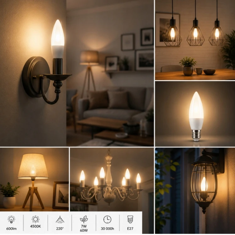 Żarówka LED E27 7W = 60W ŚWIECZKA C37 Barwa Neutralna 4000K Energooszczędna