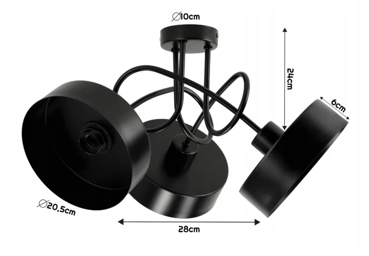 Lampa Sufitowa Żyrandol LED 3xE27 LOFT Zwijana Czarna Kubek Średni