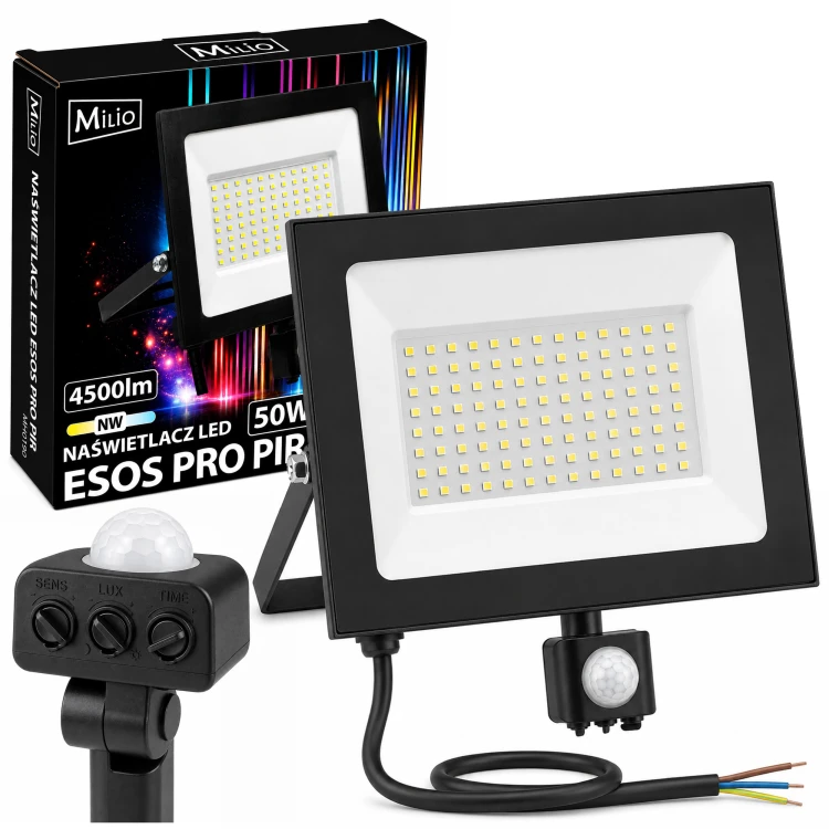 Naświetlacz LED 50W Halogen z CZUJNIK RUCHU Zmierzchu 4500lm 4000K Czujka