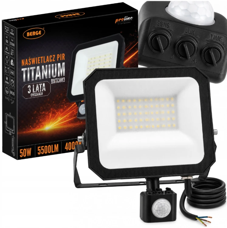 Naświetlacz LED z Czujnikiem Halogen Reflektor 50W 4000K 5500lm IP65 Czujka