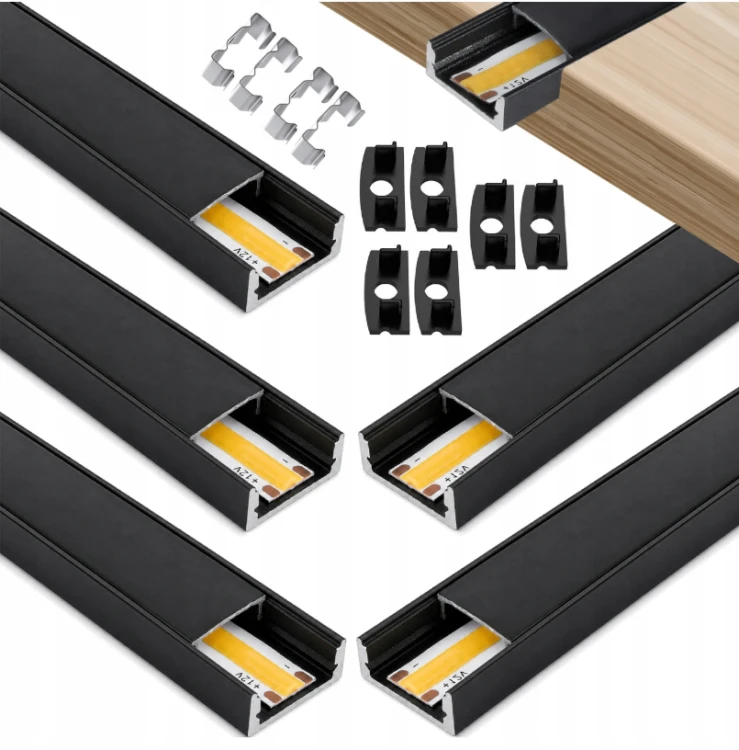 Profil LED Aluminiowy 2m Czarny Natynkowy Do Taśmy LED 8mm - 12mm 5 sztuk