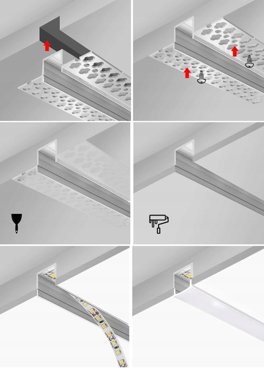 Zestaw 10x Profil LED Aluminiowy 1m Wpuszczany Do GK Karton Gips 17mm Szeroki