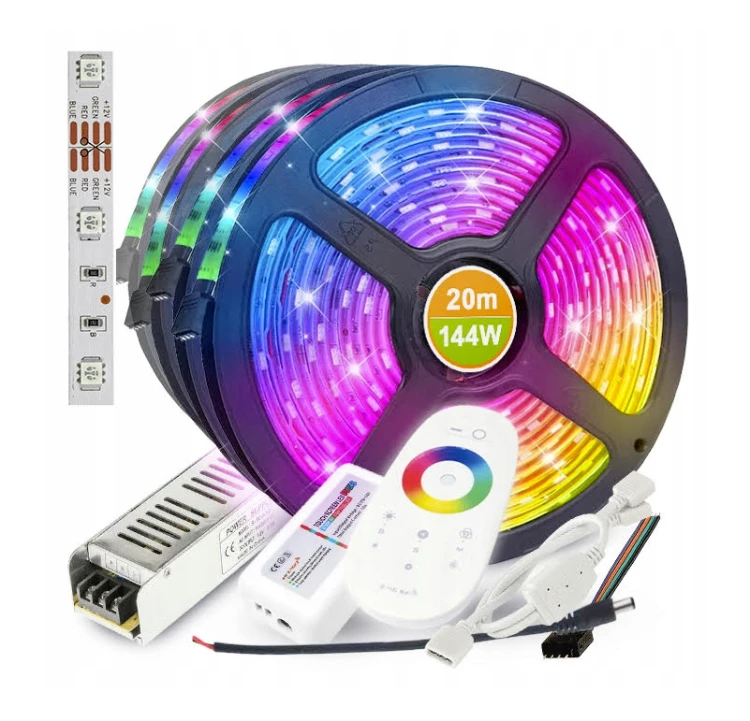Taśma LED 20m RGB KOLOROWA ZESTAW + Pilot Zasilacz Mocny Zestaw Do Pokoj