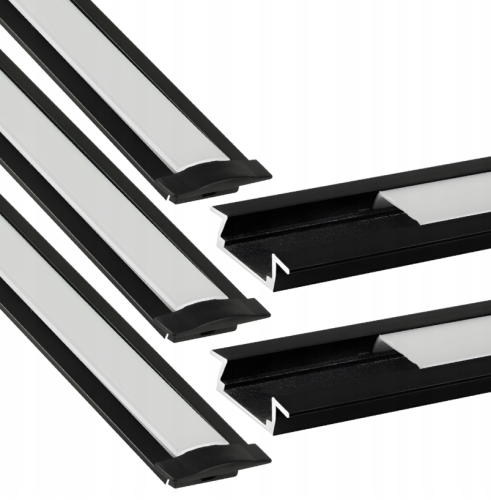 5x Profil Wpuszczany LED Aluminiowy 2m Czarny + Klosz Mleczny LED Zestaw
