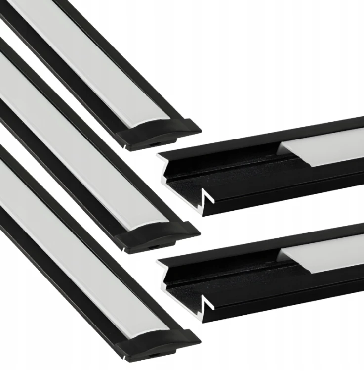 5x Profil Wpuszczany LED Aluminiowy 2m Czarny + Klosz Mleczny LED Zestaw