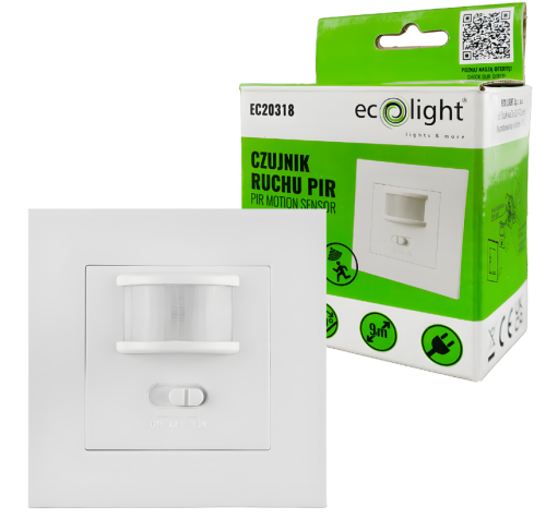 Czujnik Ruchu PIR Sensor 500W Biały Do Puszki Podtynkowy Zasięg max 9m IP20