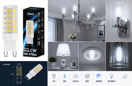 Zestaw 6x Żarówka LED G9 5W 470lm Barwa Zimna 6000K SMD2835 Energooszczędna
