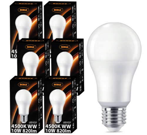 6X Żarówka LED E27 A60 10W = 60W 820lm Barwa Neutralna 4500