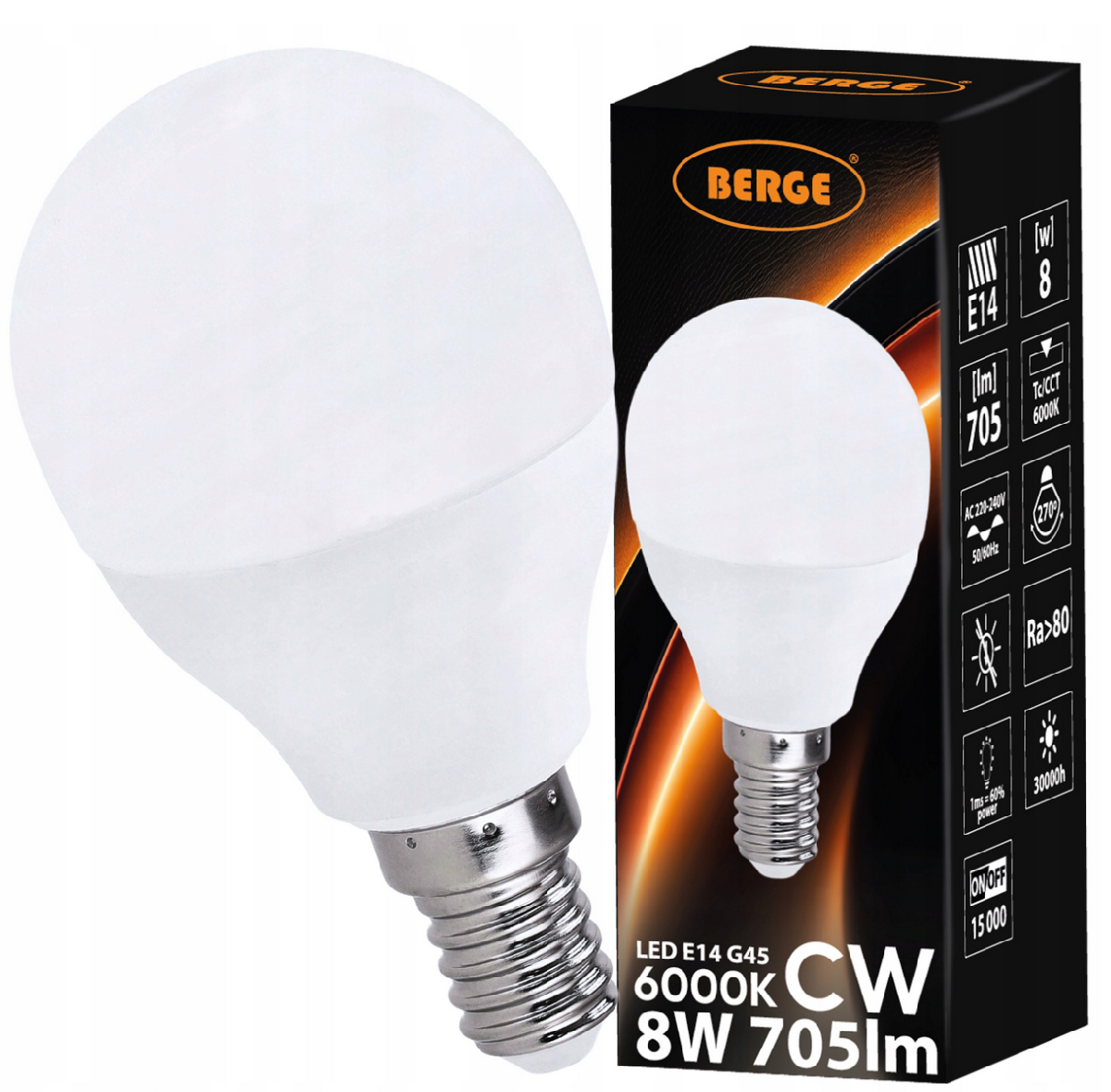 Żarówka LED E14 - G45 - 8W - biała zimna