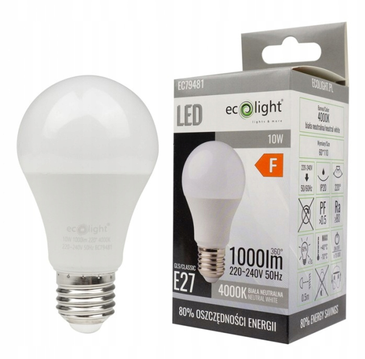 Żarówka E27 A60 1000lm 10W NW 4000K Eco Light